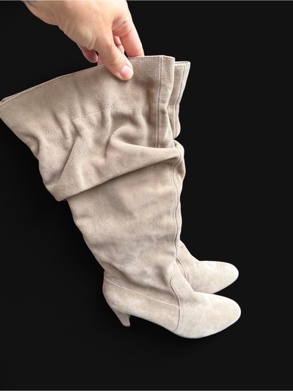 Hot in Hollywood Taupe Faux Suede Slouch Below-the-Knee Boots Women’s - Picture 4 of 9